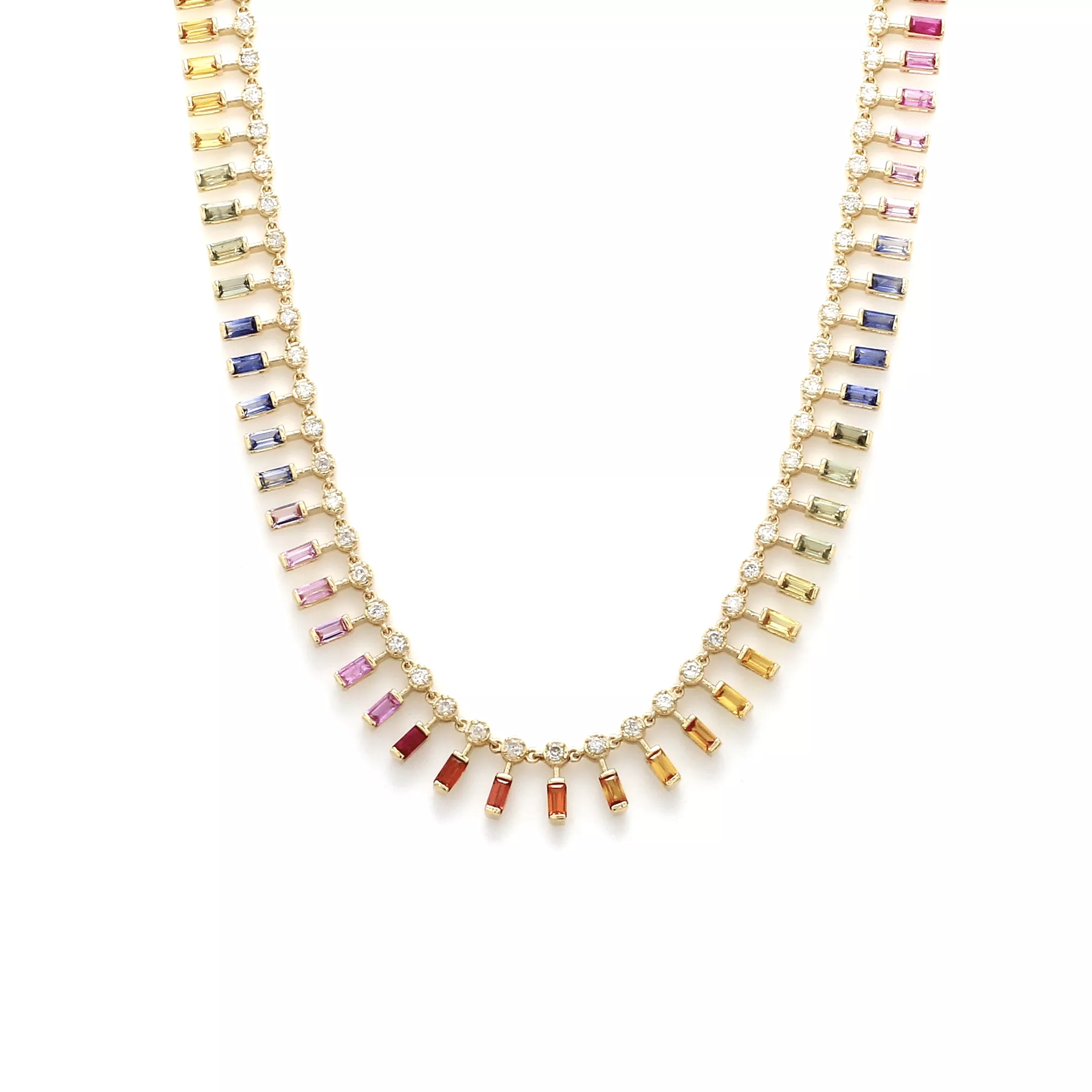 14 & 18K Diamond & Rainbow Sapphire Baguette Necklace