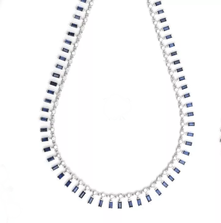 14K & 18K Gold Diamond & Blue Sapphire Baguette Necklace