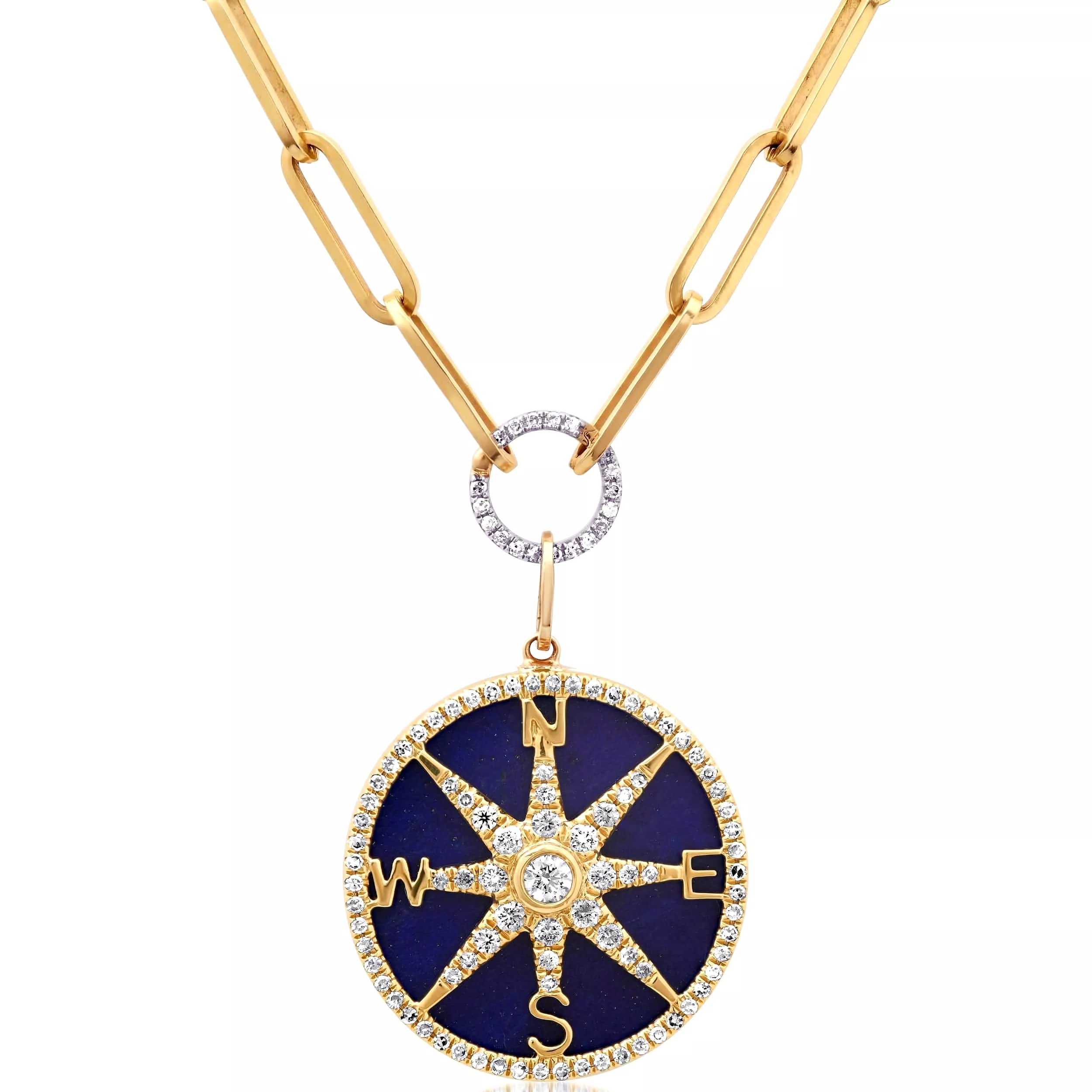 14K Gold Lapis and Pave Diamond Compass Charm, Full Diamonds