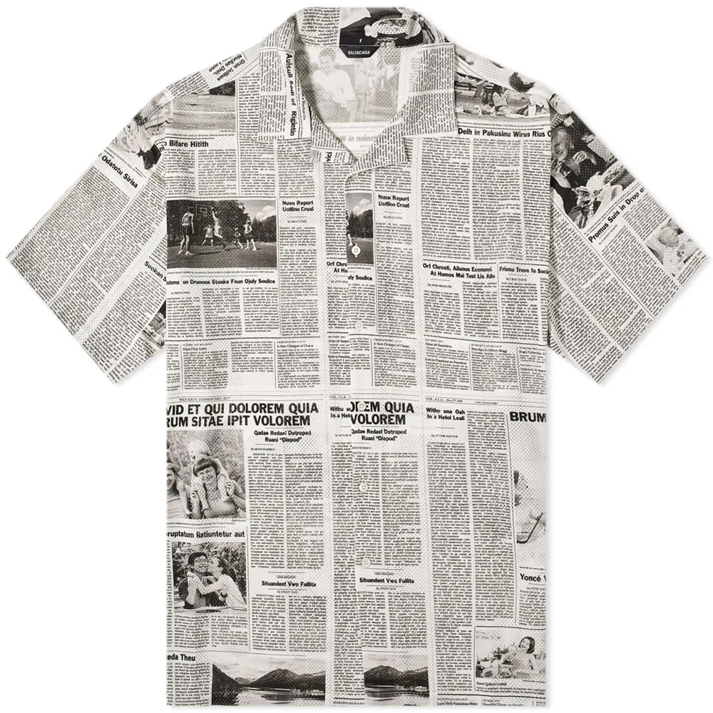 Balenciaga Short Sleeve Newspaper Print ShirtWhite & Black