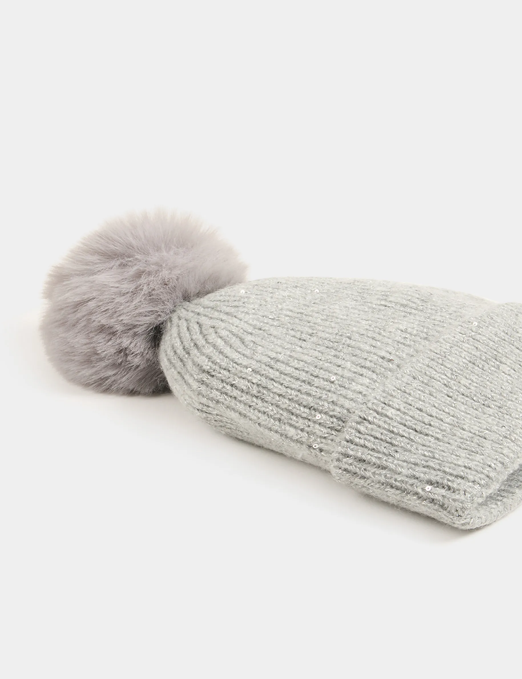 Beanie pom-pom and sequins mid-grey women