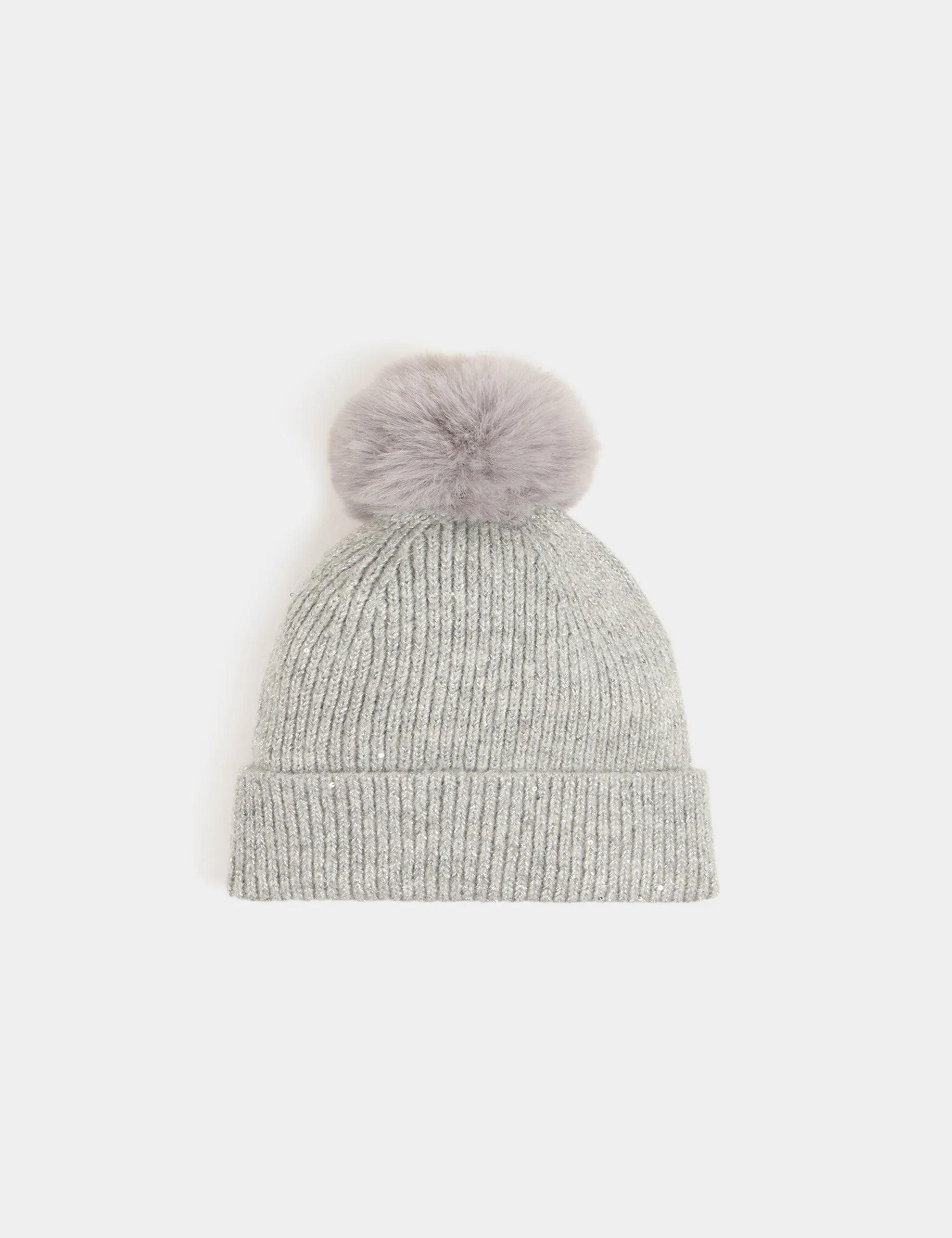 Beanie pom-pom and sequins mid-grey women