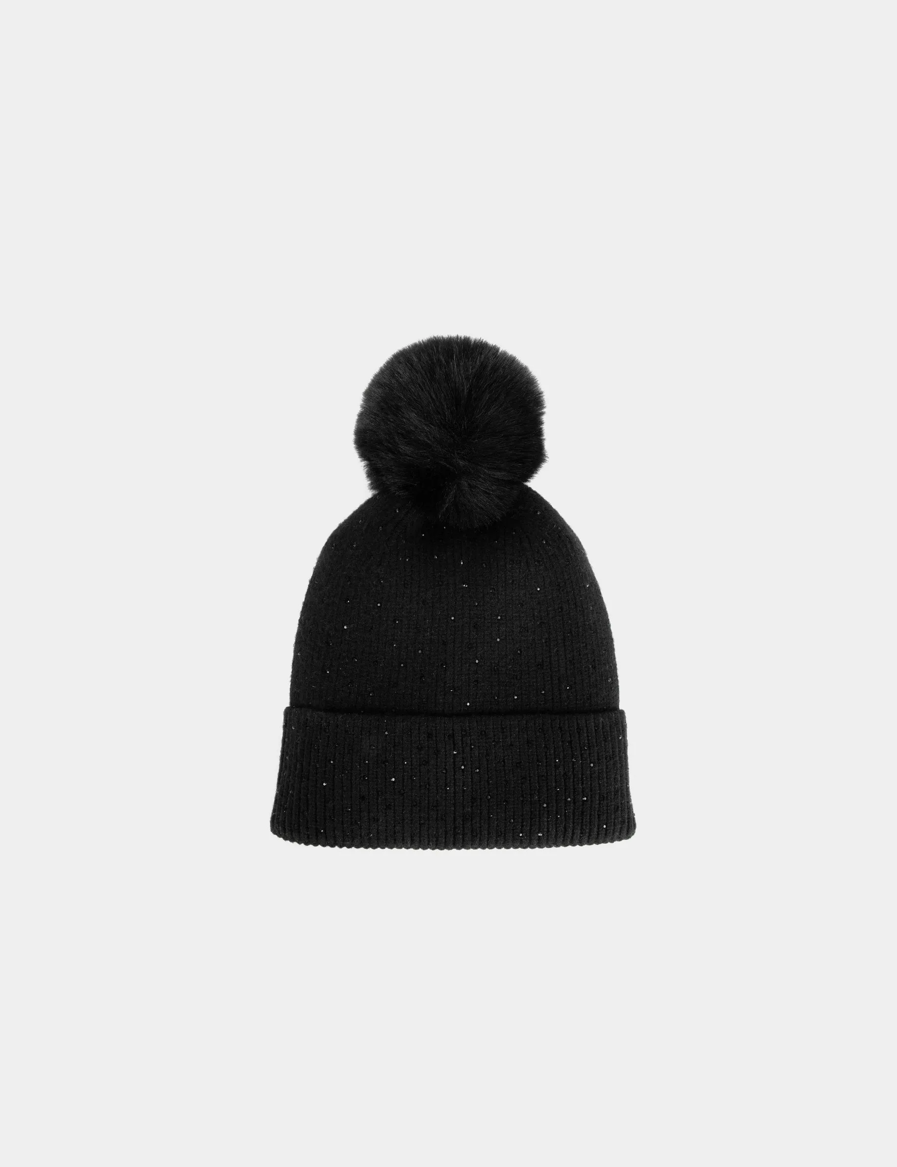 Beanie with rhinestones and pom-pom black women