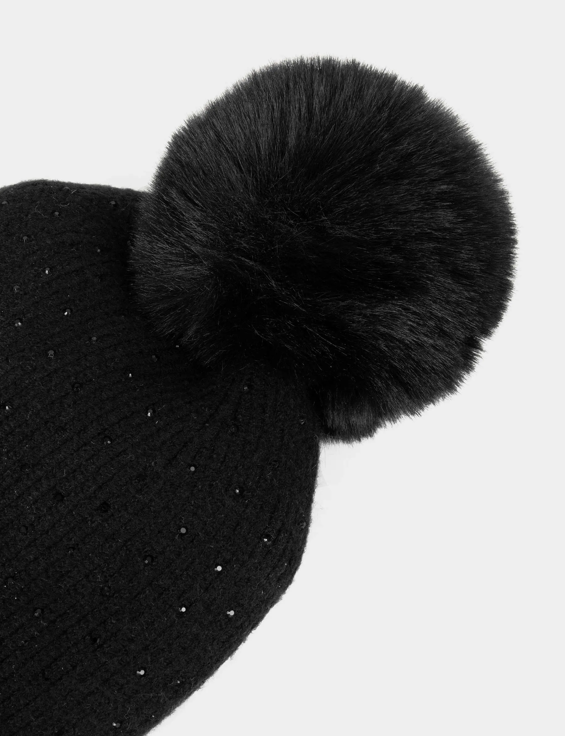 Beanie with rhinestones and pom-pom black women