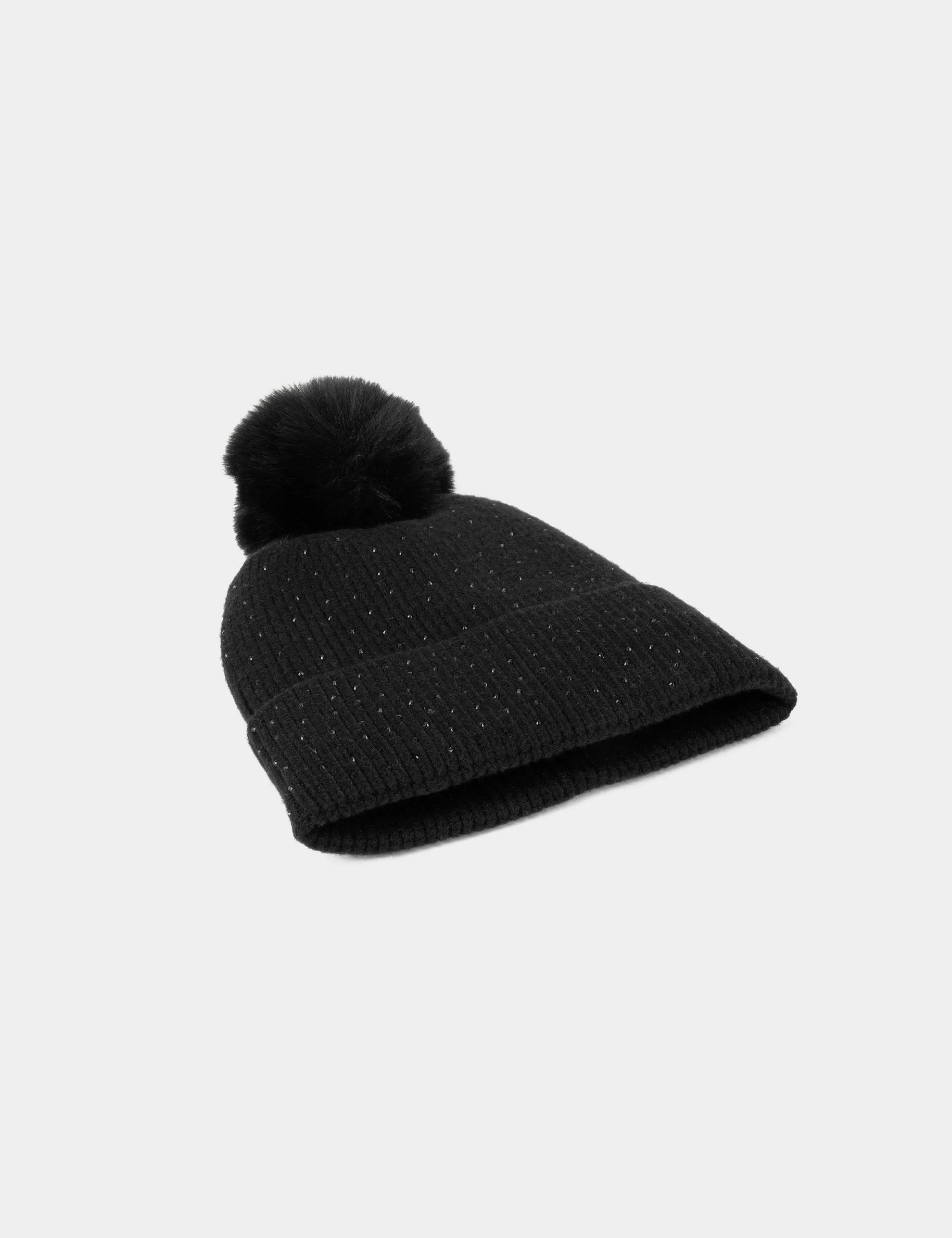 Beanie with rhinestones and pom-pom black women