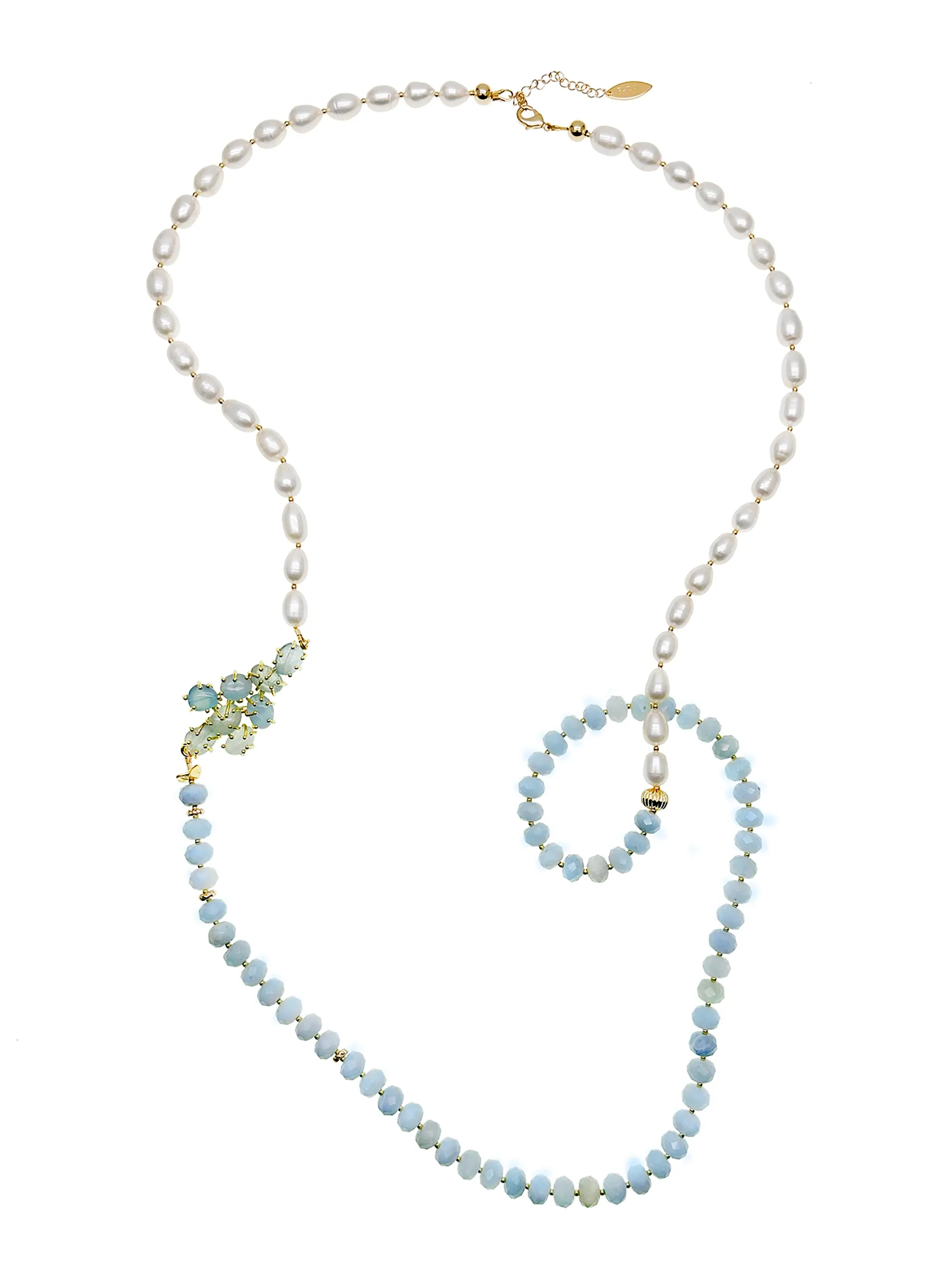 Blue Aquamarine and Freshwater Pearls Long Necklace JN044