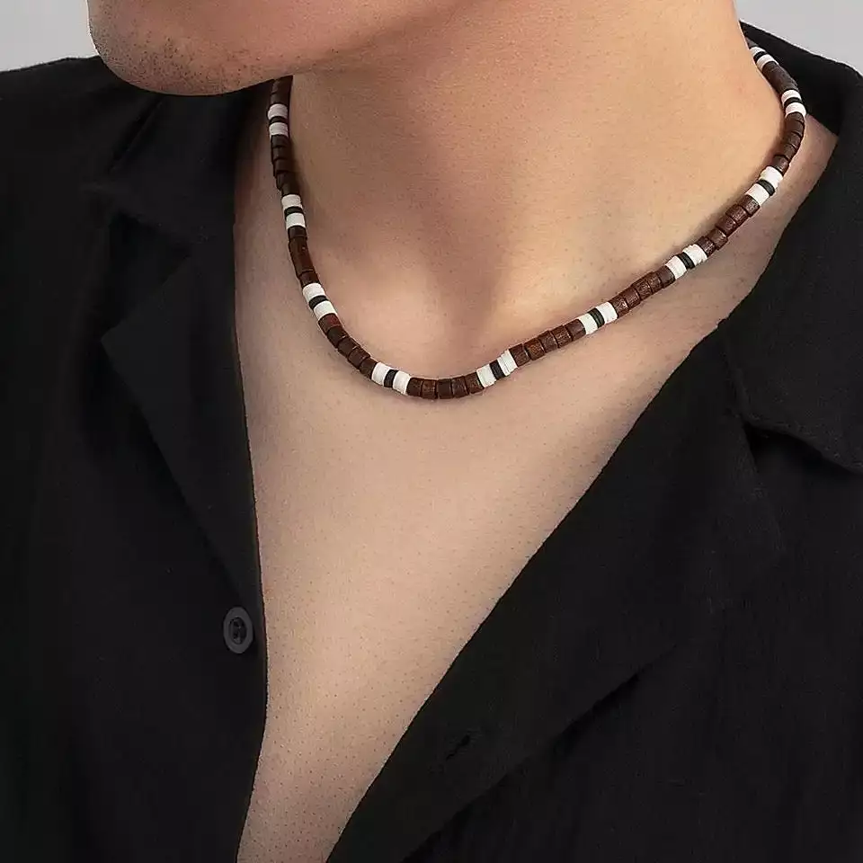 Bohemian Style Soft Pottery Piece Wood Beaded Choker Men Necklace Fashion Male Jewelry