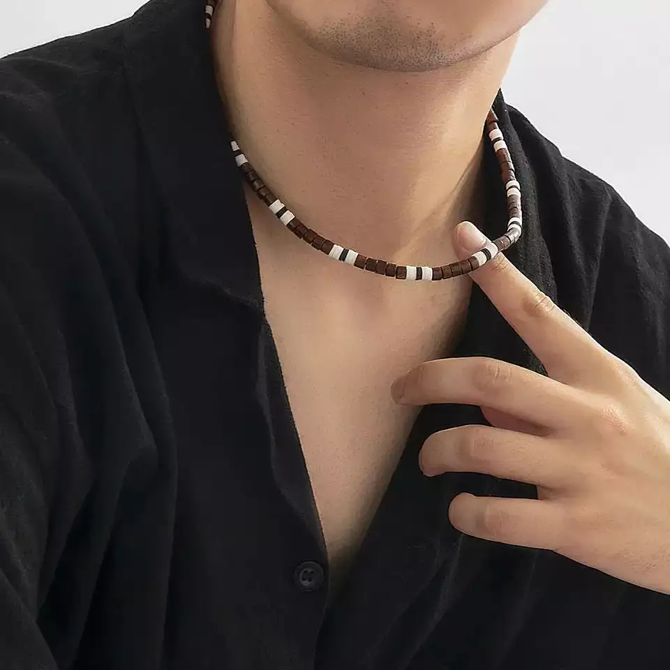 Bohemian Style Soft Pottery Piece Wood Beaded Choker Men Necklace Fashion Male Jewelry