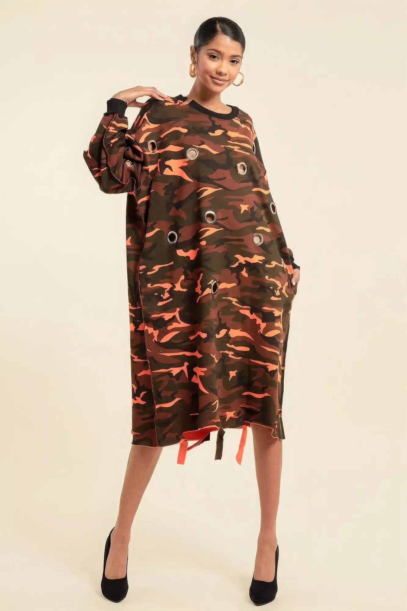 Camouflage Printed Midi Dress With Rings