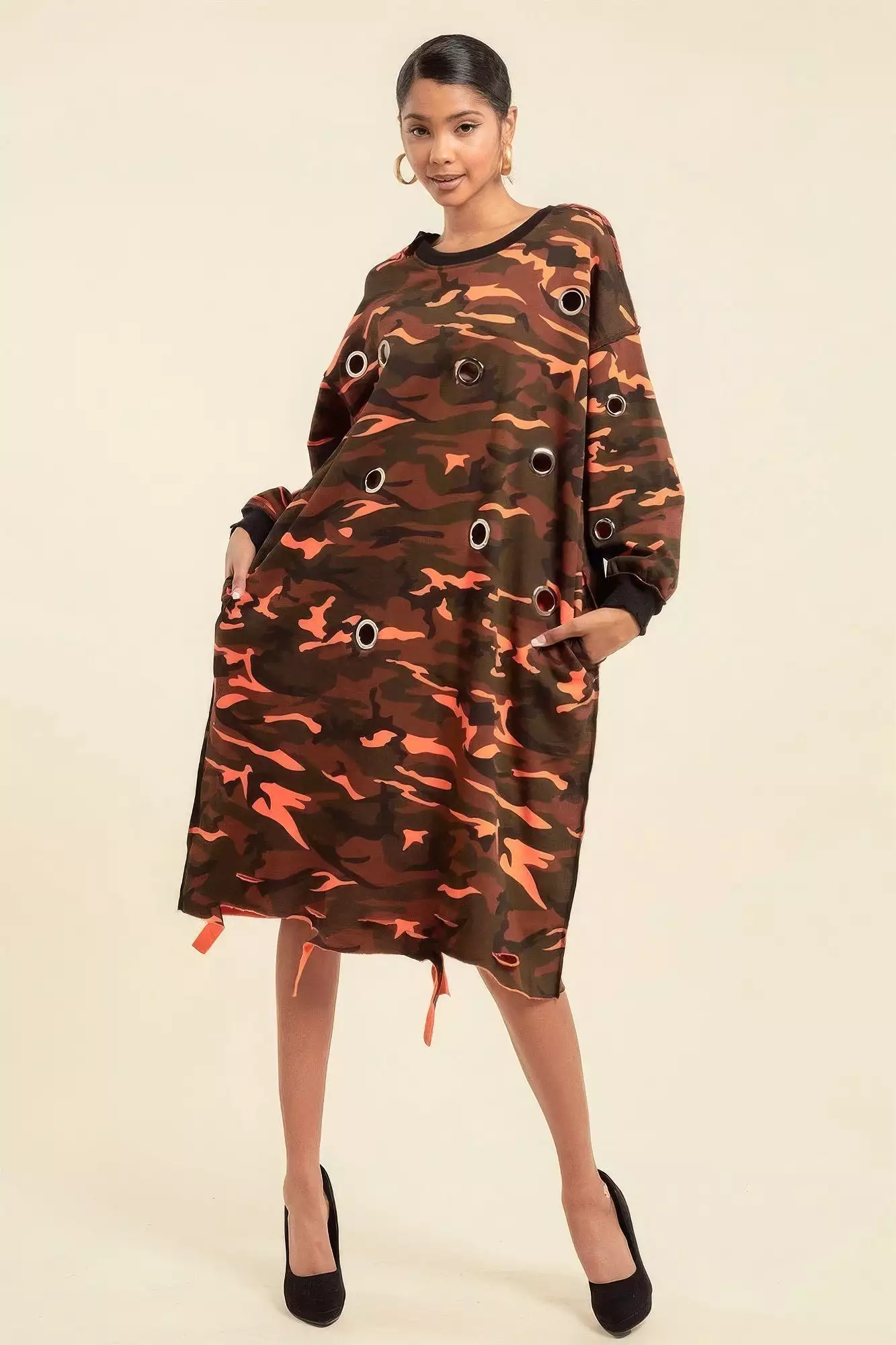 Camouflage Printed Midi Dress With Rings