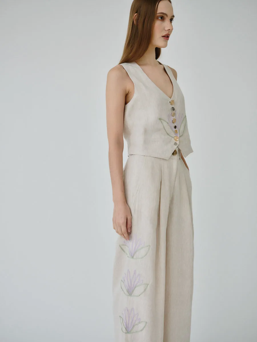 Celeste Floral Linen Trousers in Beige