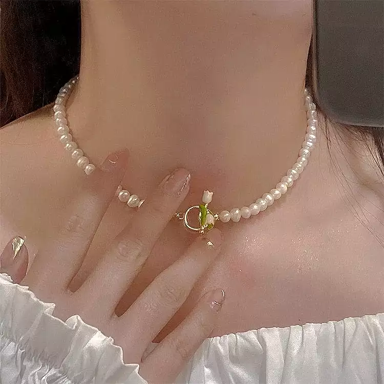 Chic Enamel Tulip Pearl Chain Choker Necklace Bracelet Set