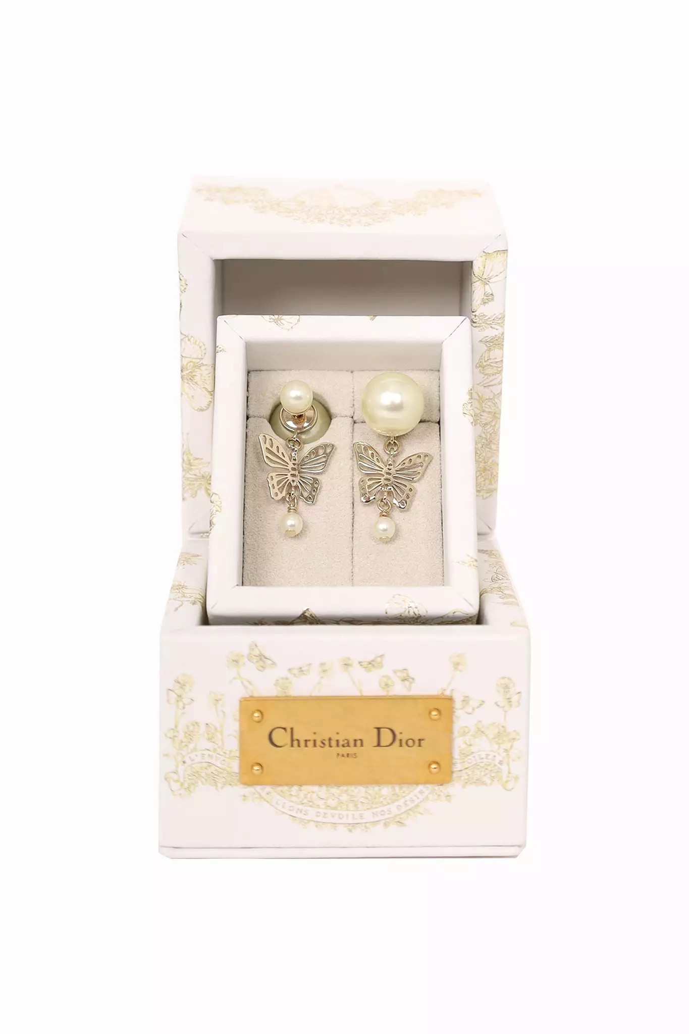 Christian Dior Butterfly Pearl Earrings with White Multicolor Calfskin Tribales Gift Box