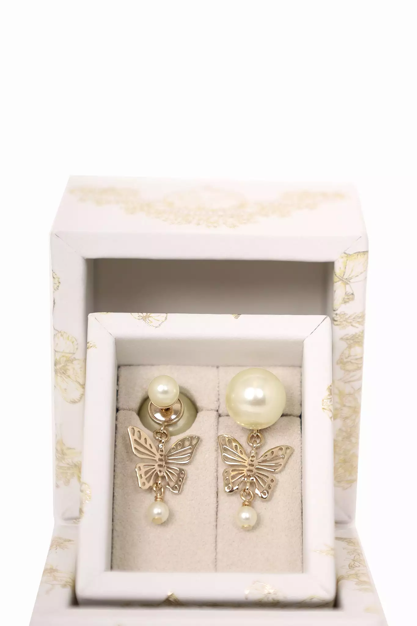 Christian Dior Butterfly Pearl Earrings with White Multicolor Calfskin Tribales Gift Box