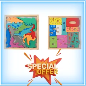 Combo of 2 Wooden Puzzle for kids Math Numbers Learning, Dino (Square) Jigsaw Puzzle for kids Montessori Knowledgeable Toys for 