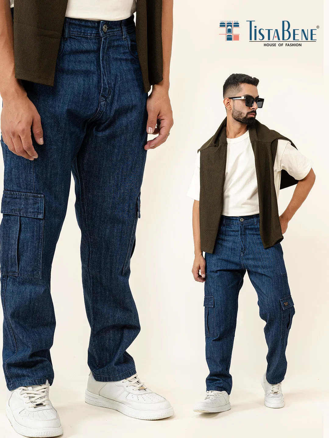 Dark Blue Cargo Baggy Fit Denim Jeans