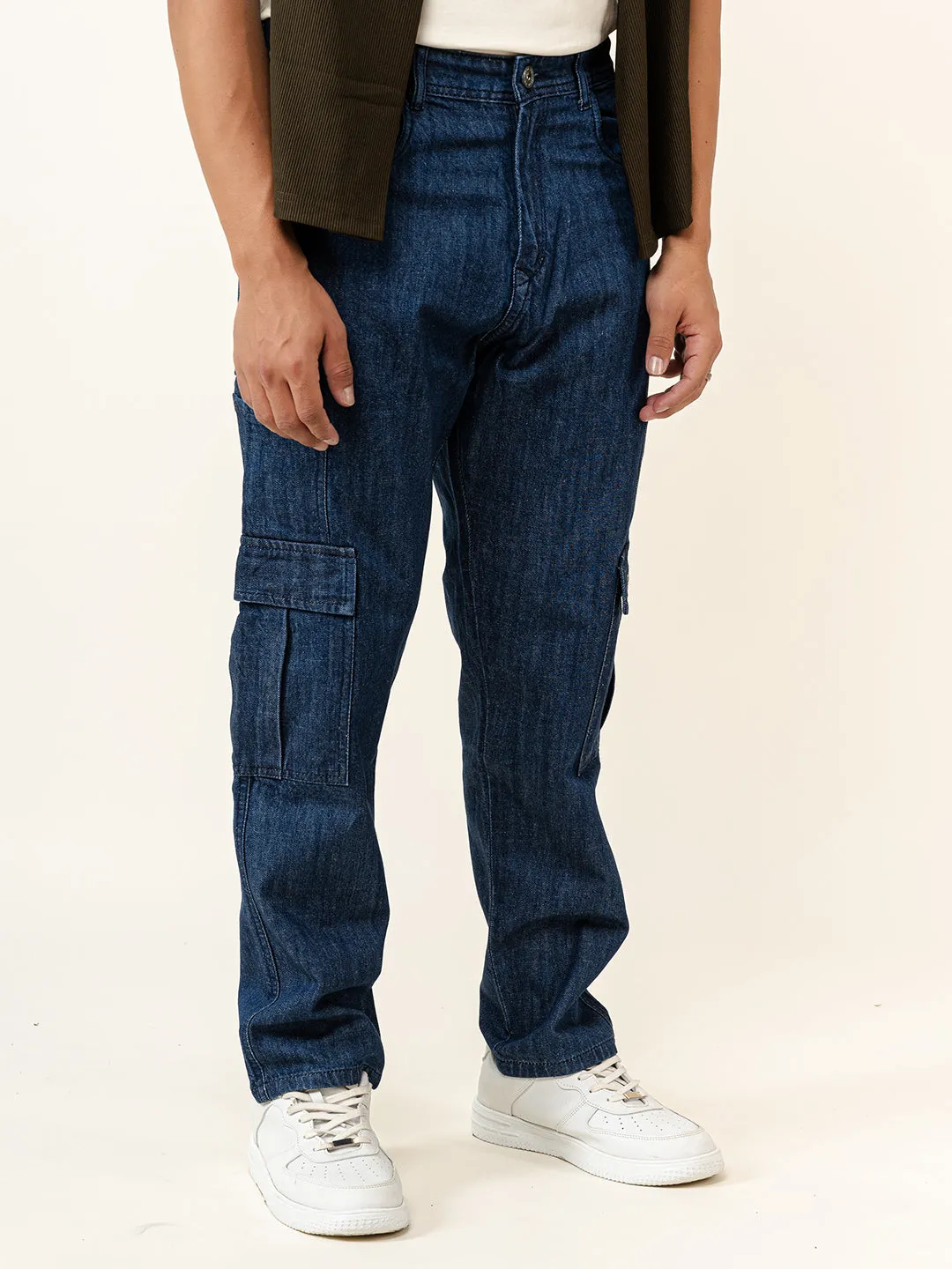 Dark Blue Cargo Baggy Fit Denim Jeans