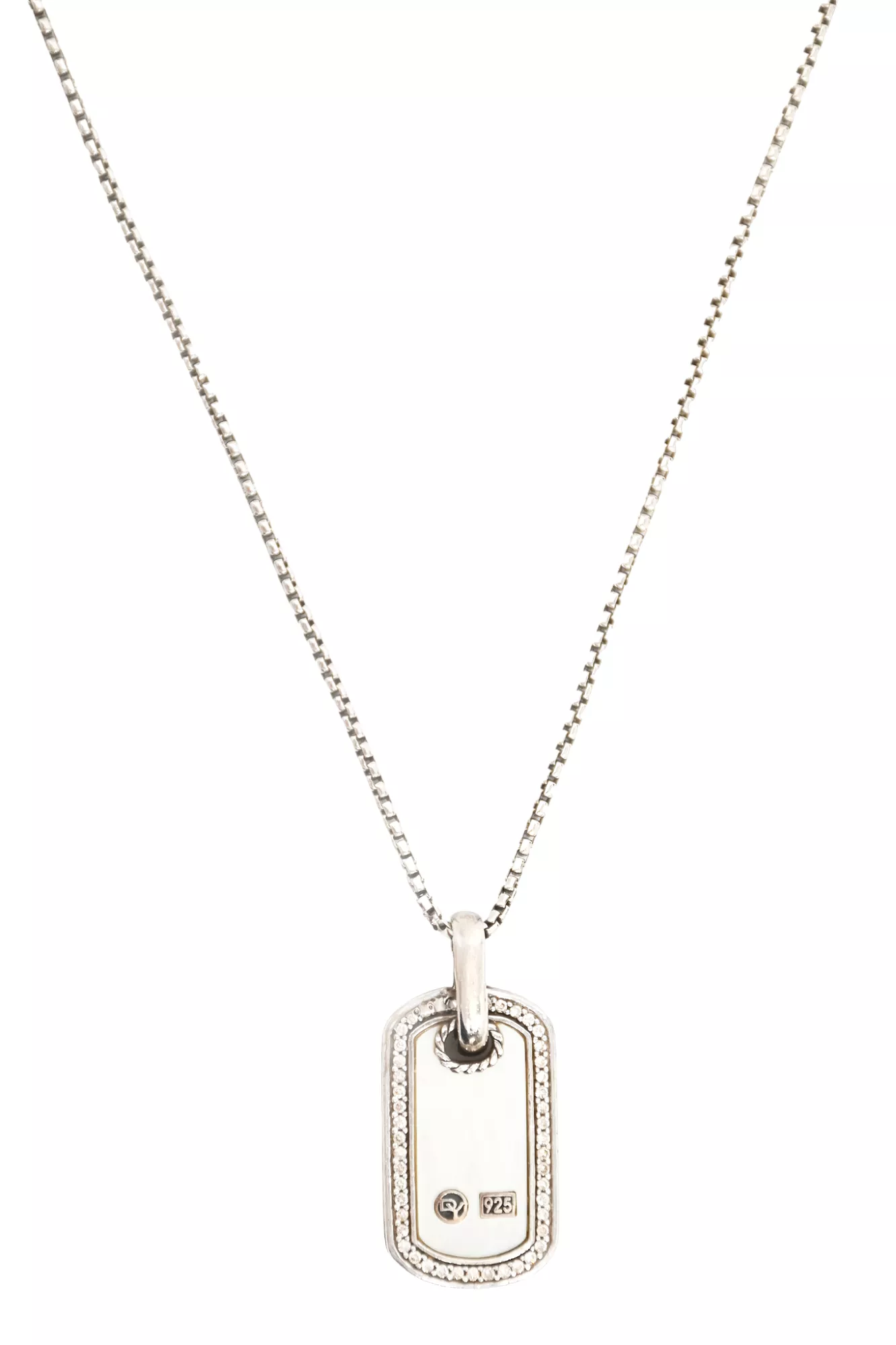 David Yurman Sterling Silver Mother Of Pearl And Pave Diamond Tag Necklace