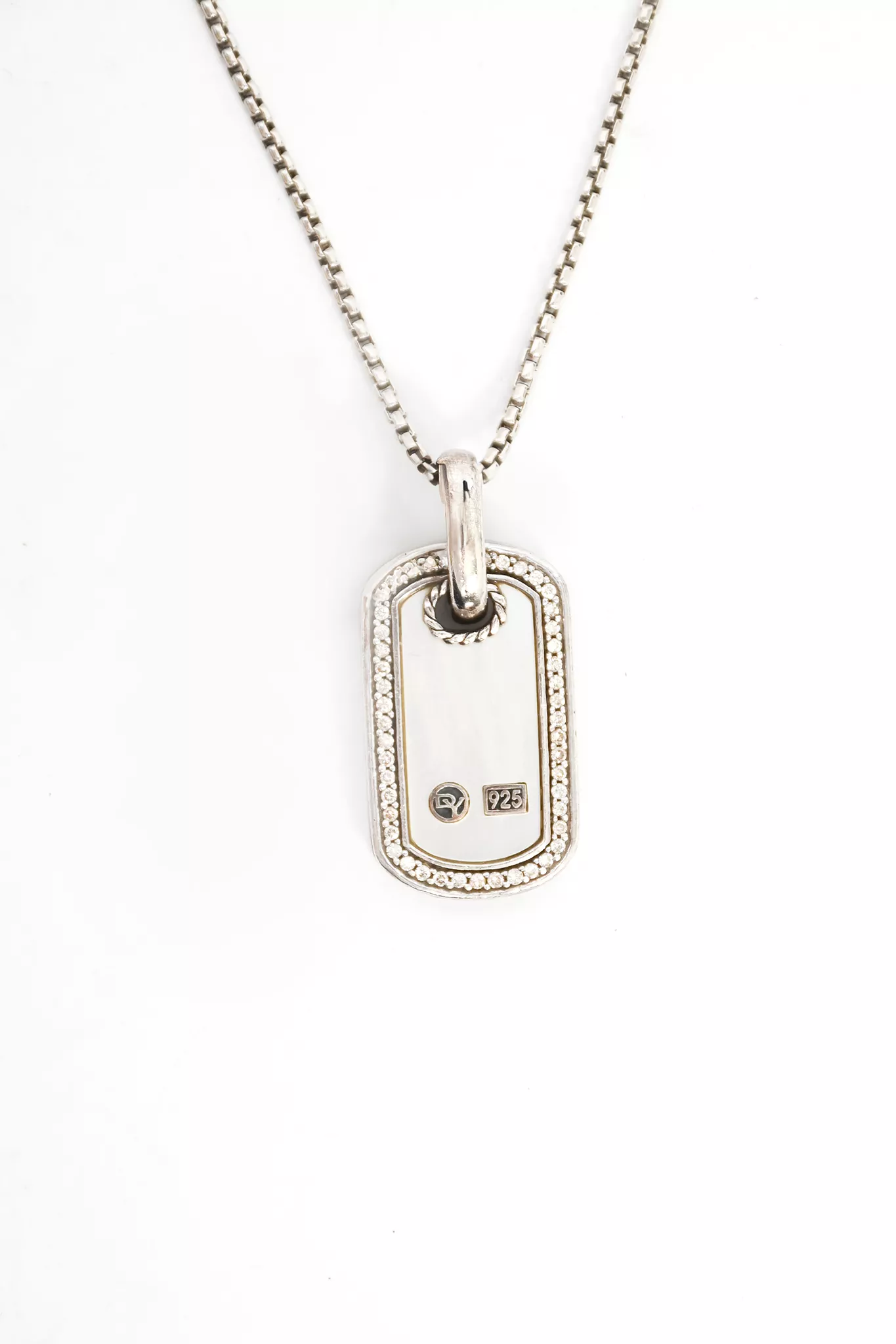 David Yurman Sterling Silver Mother Of Pearl And Pave Diamond Tag Necklace