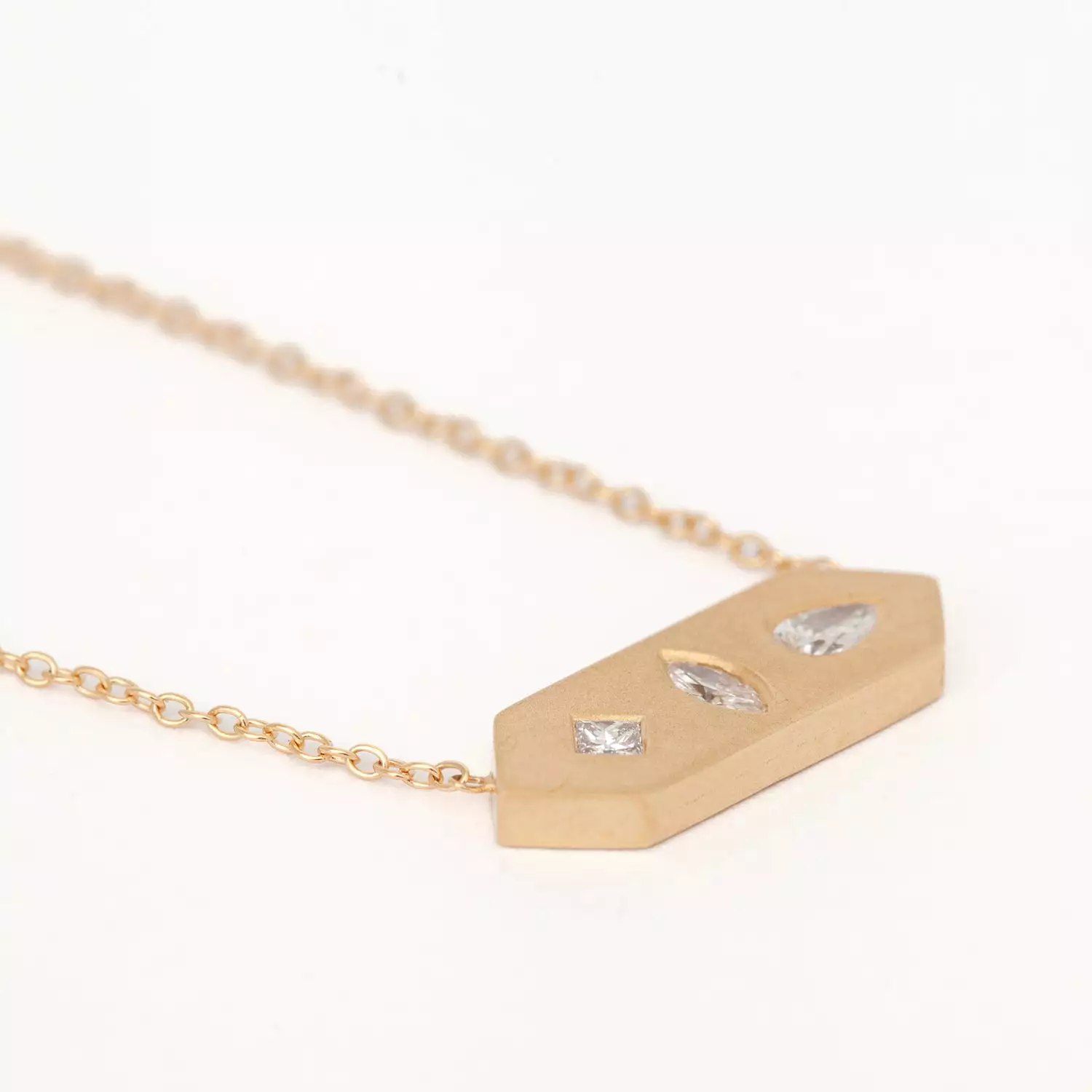 Diamond Mosaic Brushed Gold Horizontal Hexagon Tag Necklace