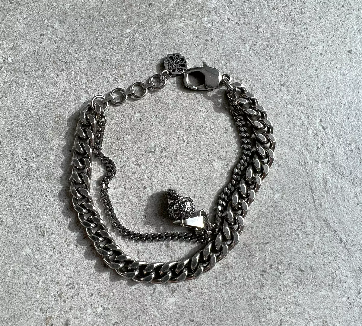 Double Chain Skull Bracelet, Silver