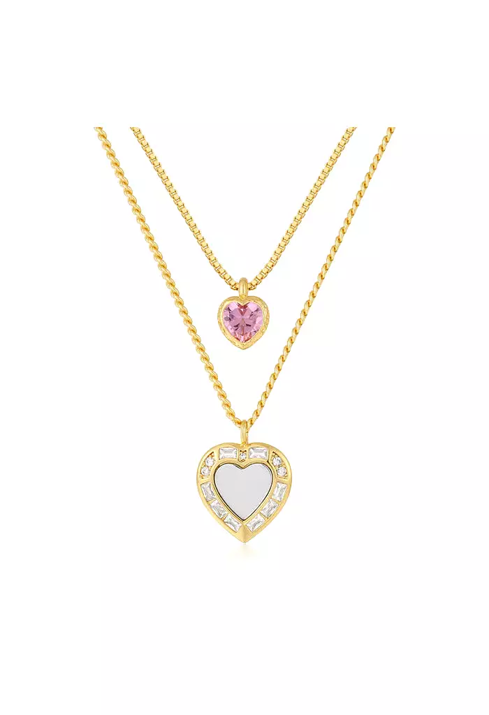 Double Heart Charm Necklace-Pink