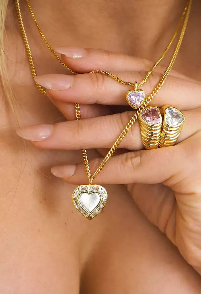 Double Heart Charm Necklace-Pink