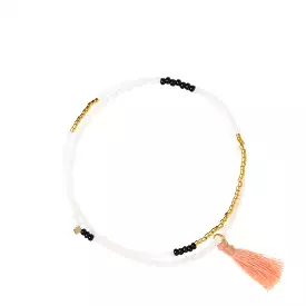 Elastic Beaded Wrap Bracelet with Tassel in White, Black, Gold