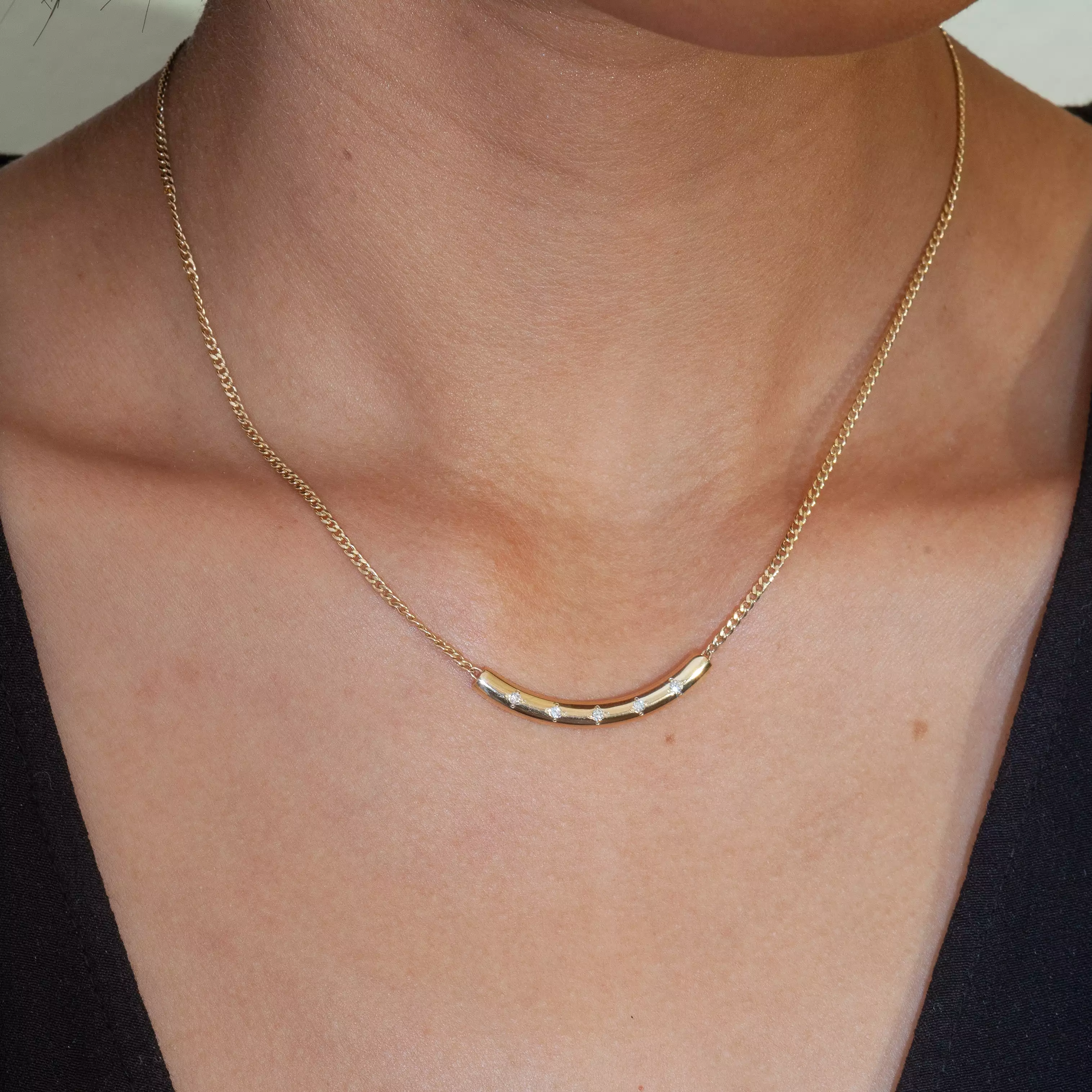 Extra Small Curb Chain with Diamond Curved Chubby Bar Necklace