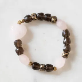 Faceted Rose and Smoky Quartz, Brass, and Rose Quartz Heart Bloom Bracelet