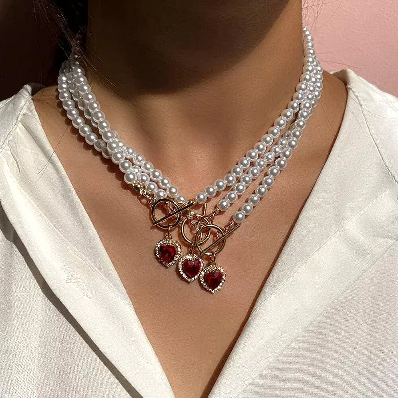 Faux Pearl Chain Rhinestone Heart Pendant Necklaces