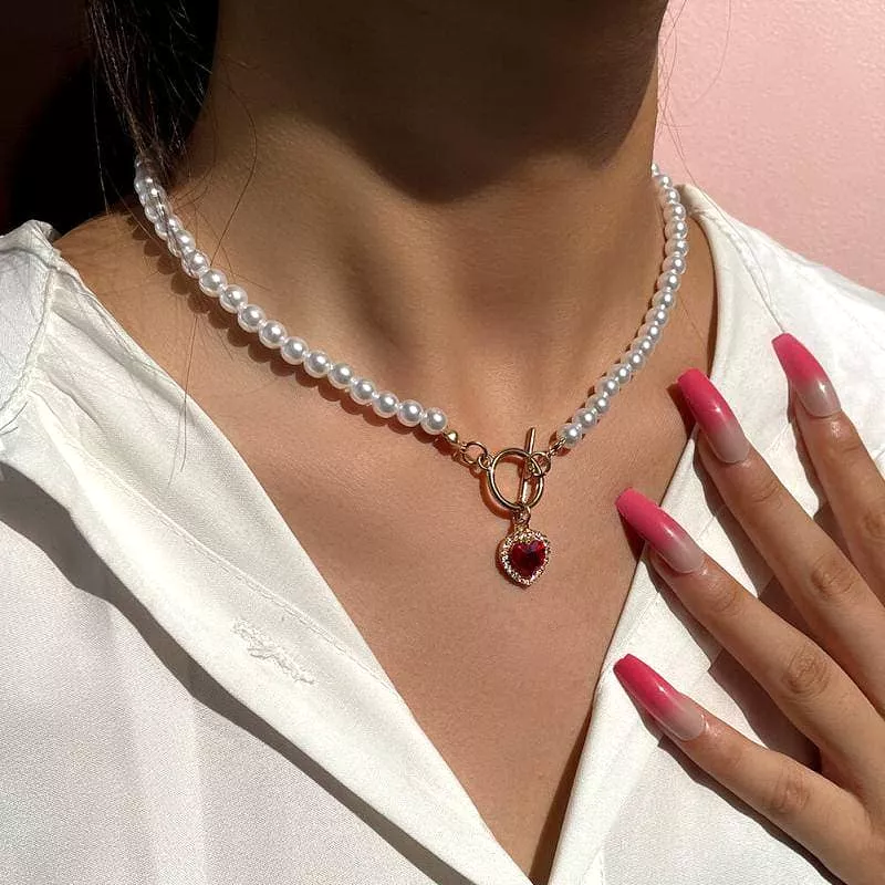 Faux Pearl Chain Rhinestone Heart Pendant Necklaces