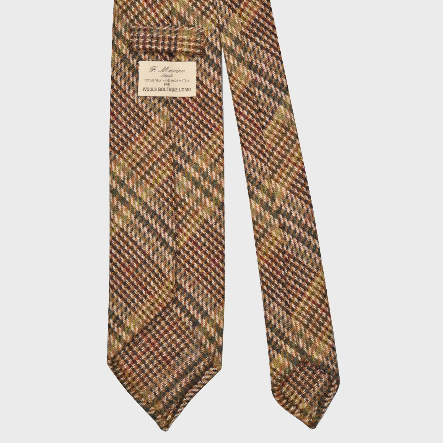 F.Marino Glen Check Tweed Tie 3 Folds Mud Green