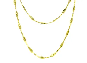 French Victorian 18 Karat Yellow Gold Filigree Navette 62 Inch Long Antique Chain Necklace