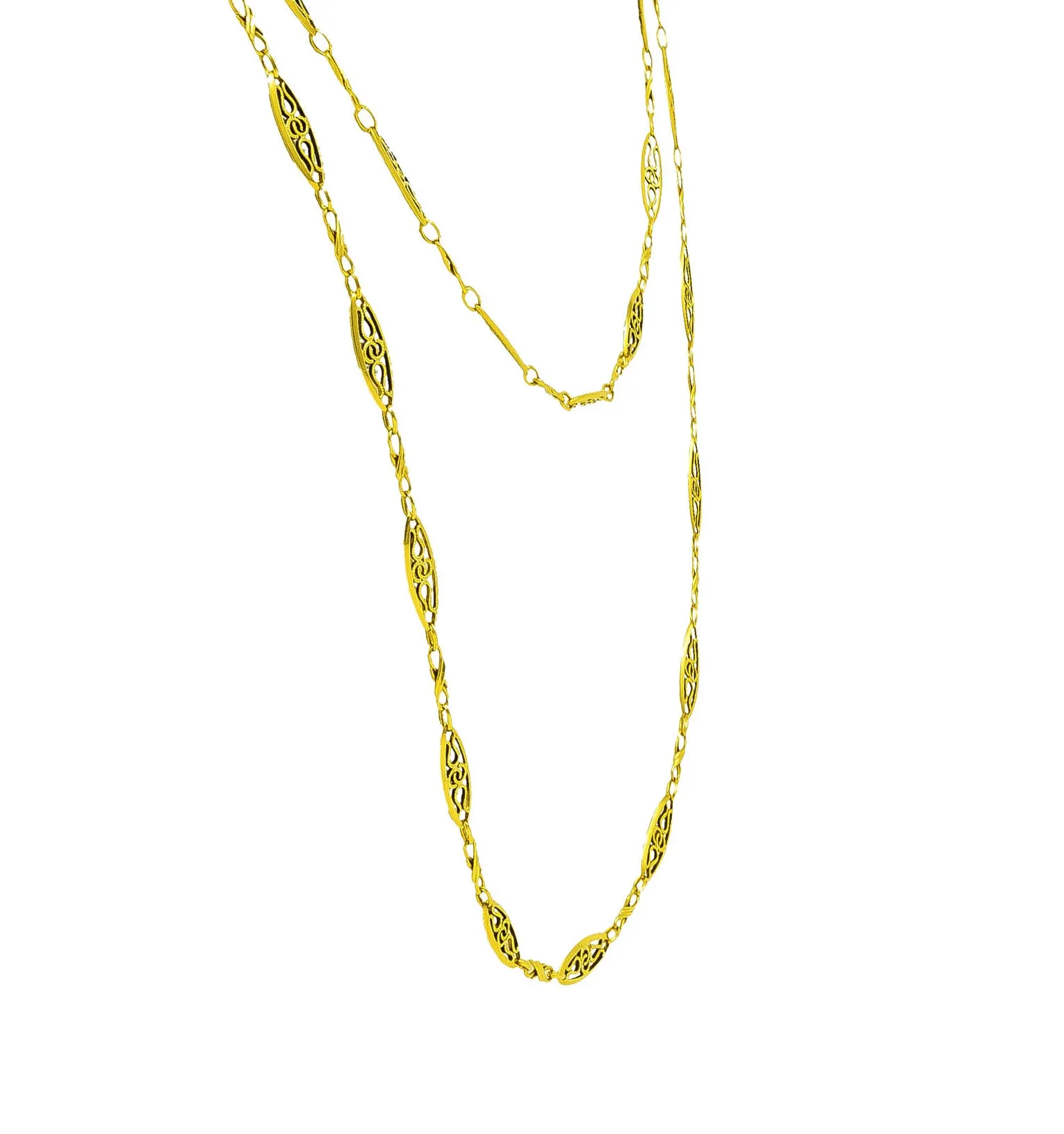 French Victorian 18 Karat Yellow Gold Filigree Navette 62 Inch Long Antique Chain Necklace