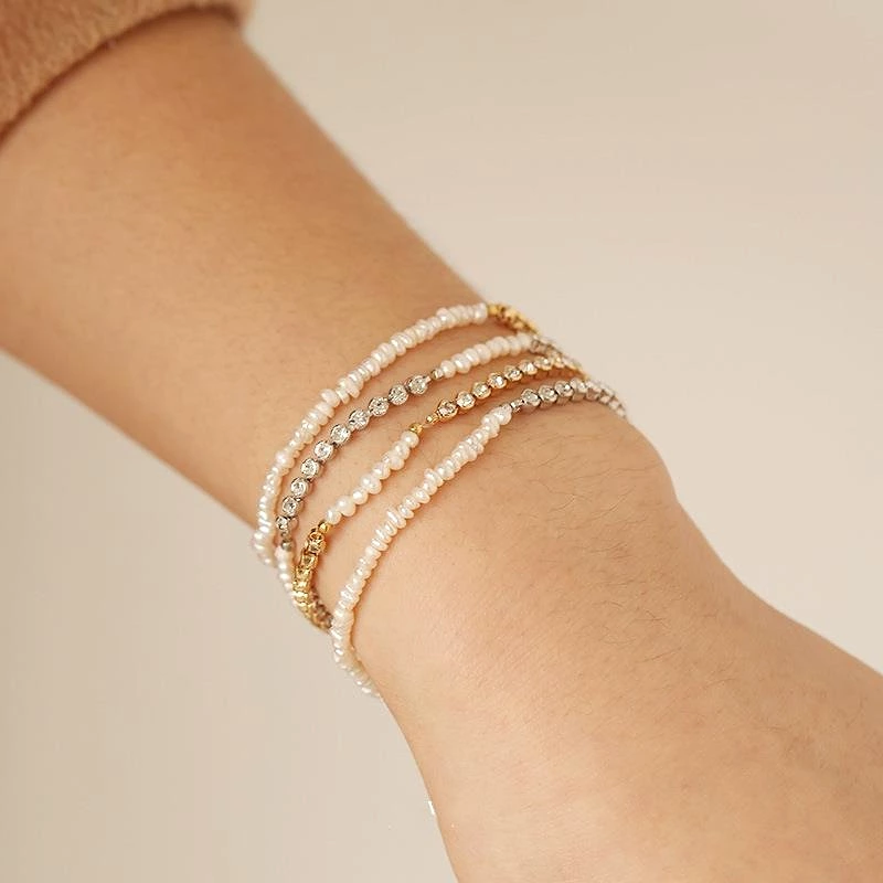 Freshwater Pearl And CZ Gold Plated Stretch Bracelet