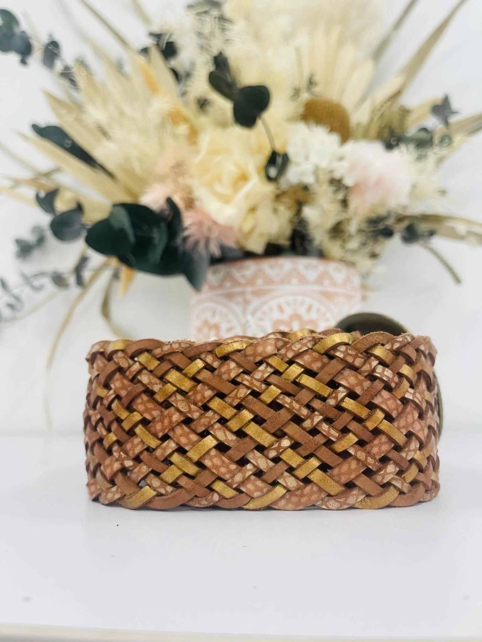 Gia Boho Genuine Leather Plaited Belt Round Buckle ~ Oak