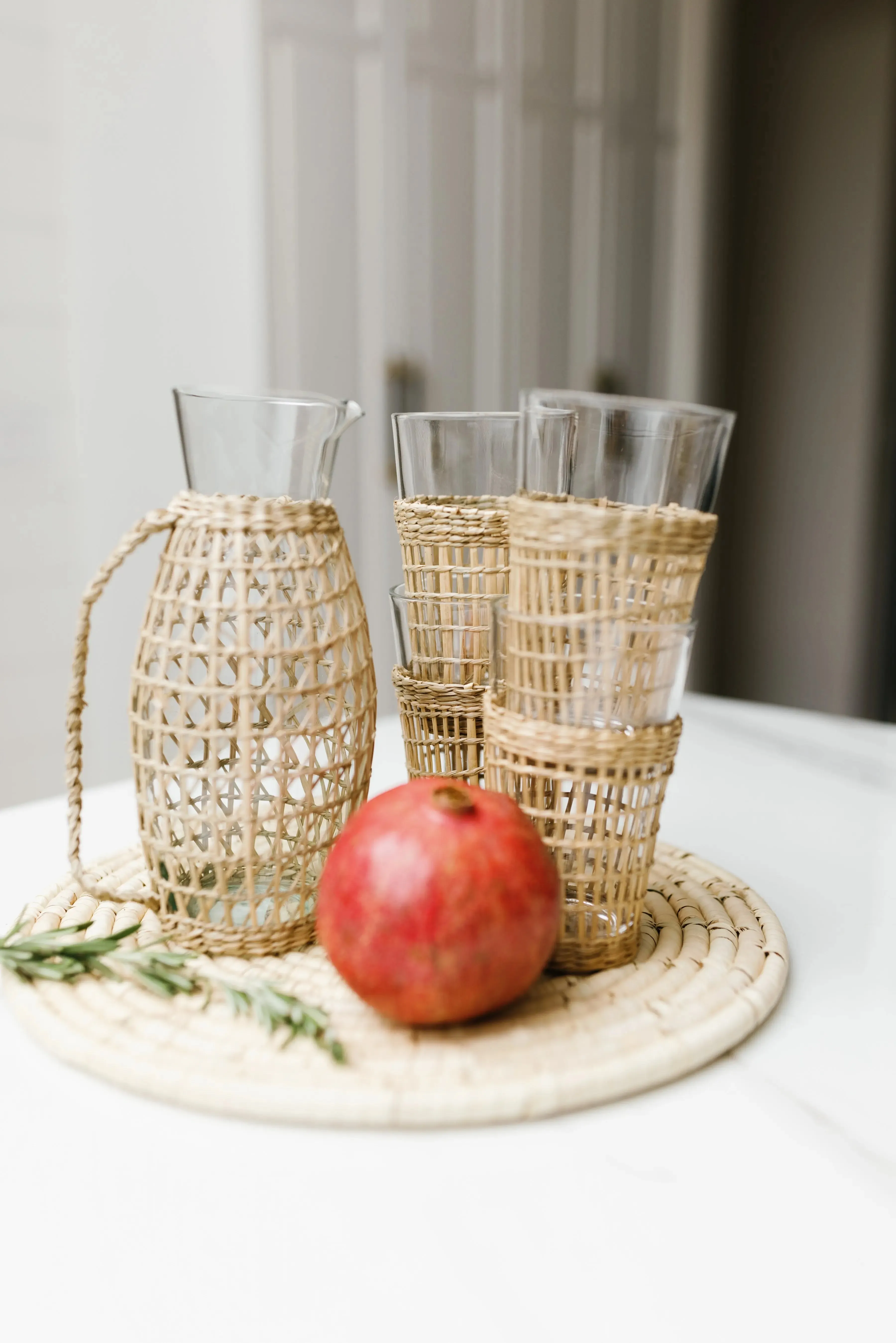 Glass Pitcher with Woven Seagrass Sleeve