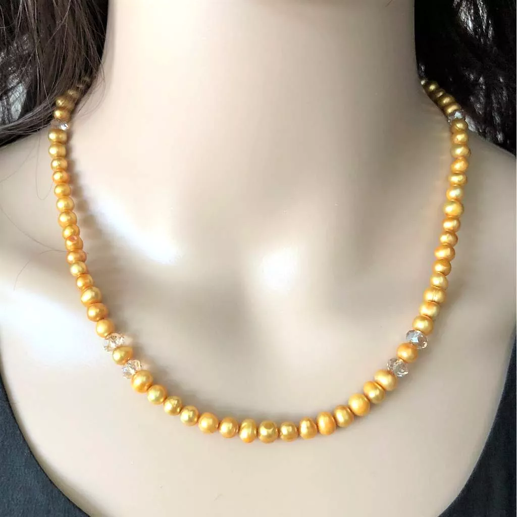 Gold Freshwater Pearl Necklace with Swarovski Crystals