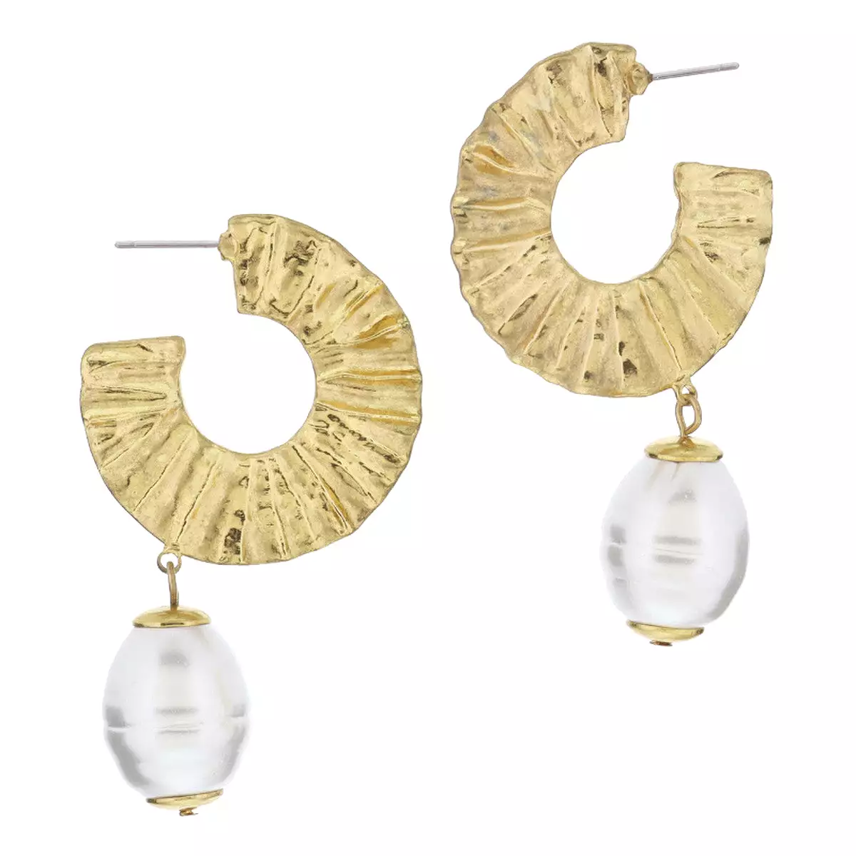 Gold Gold Wavy Folded Texture Hoop with Chunky Pearl Earrings