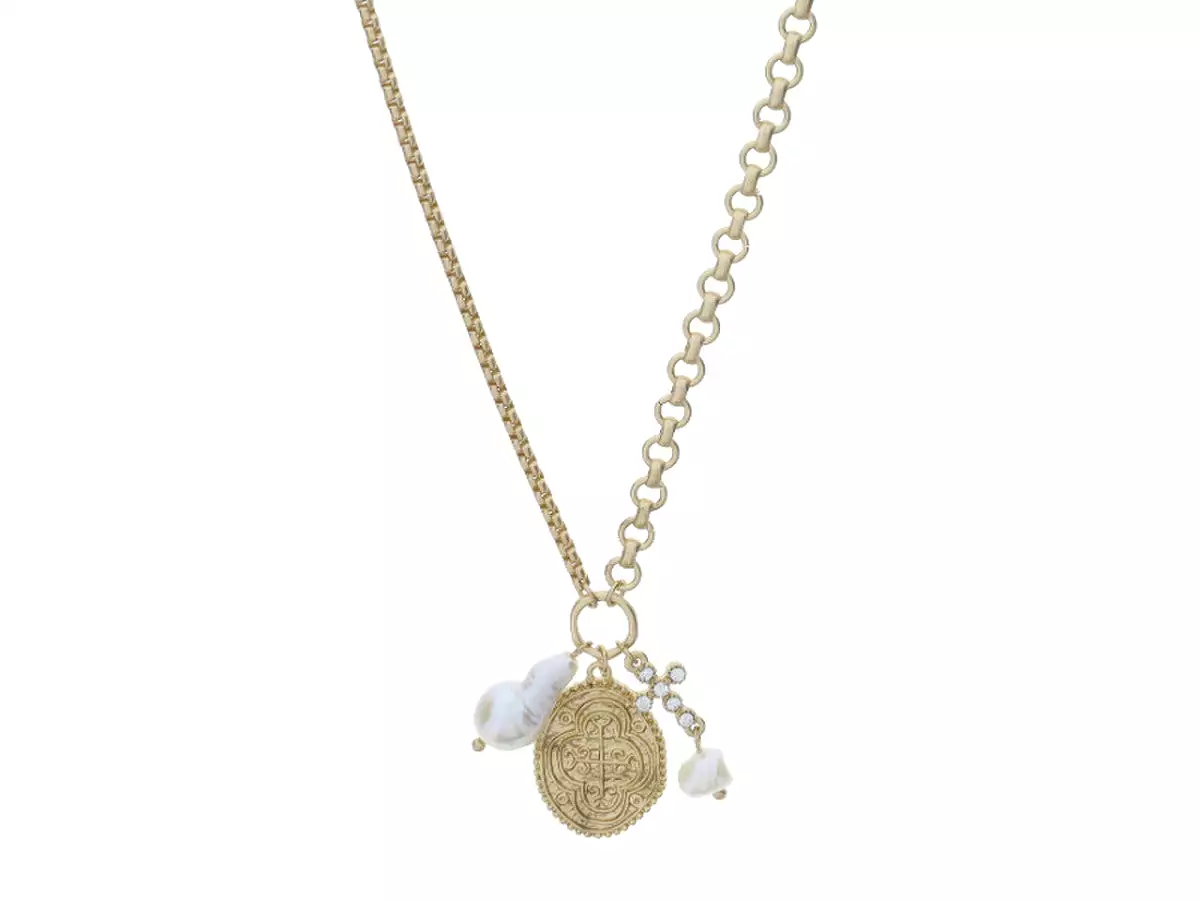 GOLD JUMP RING WITH BARQUE TEARDROP PEARL, CROSS COIN, CRYSTAL CROSS WITH PEARL DANGLE NECKLACE