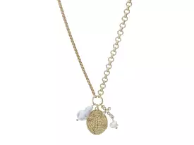 GOLD JUMP RING WITH BARQUE TEARDROP PEARL, CROSS COIN, CRYSTAL CROSS WITH PEARL DANGLE NECKLACE