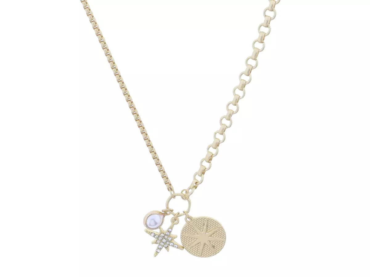 GOLD JUMP RING WITH PEARL BEZEL, CRYSTAL STARBURST, GOLD TEXTURED DISC WITH STARBURST NECKLACE