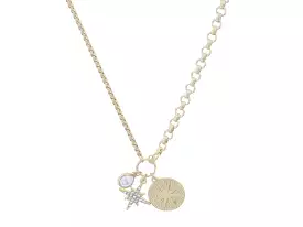 GOLD JUMP RING WITH PEARL BEZEL, CRYSTAL STARBURST, GOLD TEXTURED DISC WITH STARBURST NECKLACE