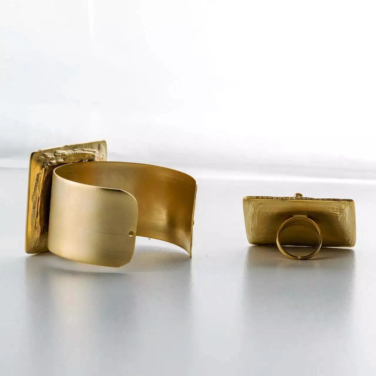 Gold Oversized Square Artisan Ring & Bracelet Set