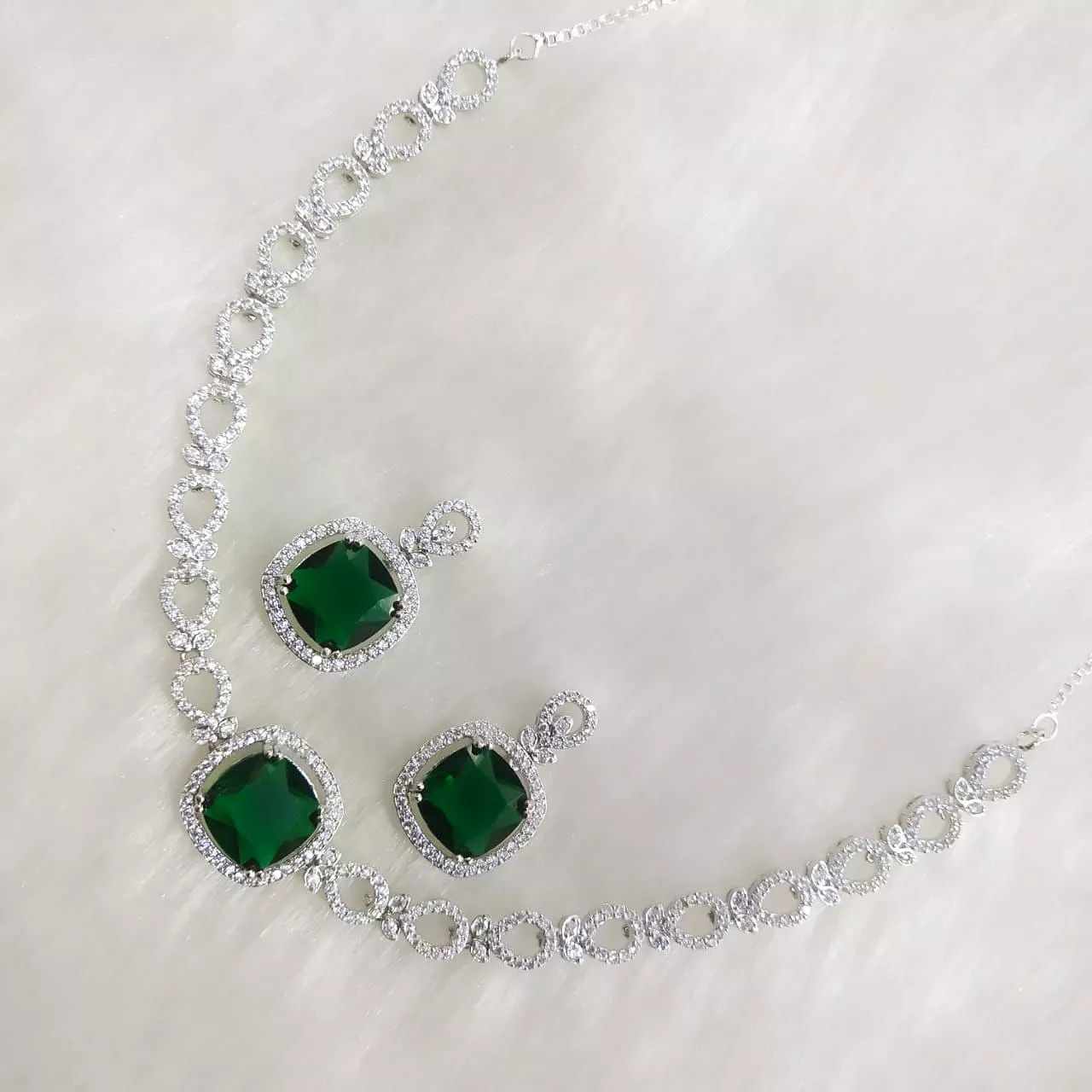 Green  stone Elegant Platinum Finish Diamond Choker Necklace Set for women -SANDY001G