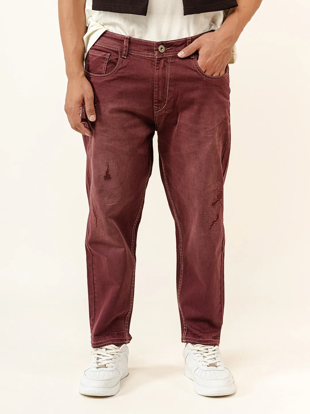 Maroon Ripped Cropped Slim Fit Mens Jeans