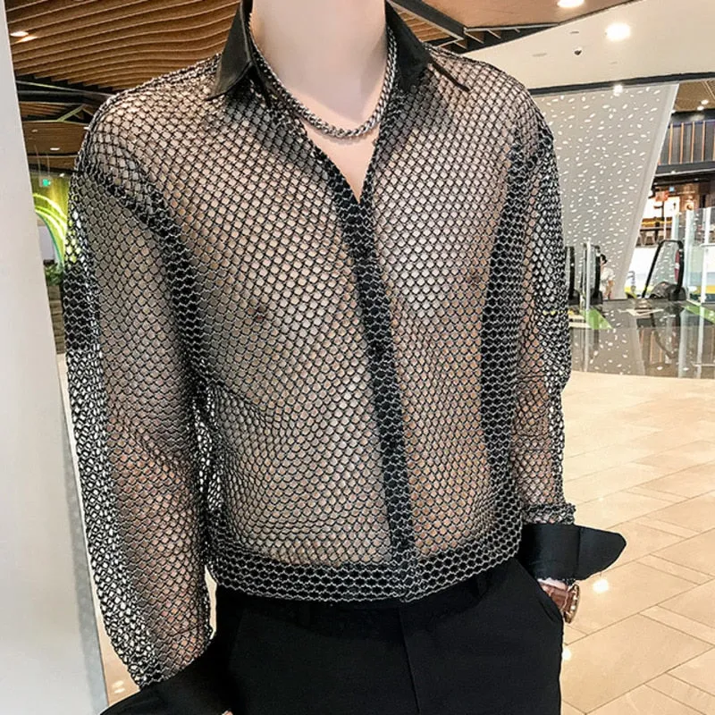 Men's Casual Style Hollowed Out Mesh Nightclub Long Sleeve Loose Shirt