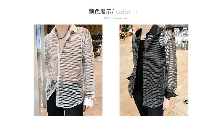 Men's Casual Style Hollowed Out Mesh Nightclub Long Sleeve Loose Shirt