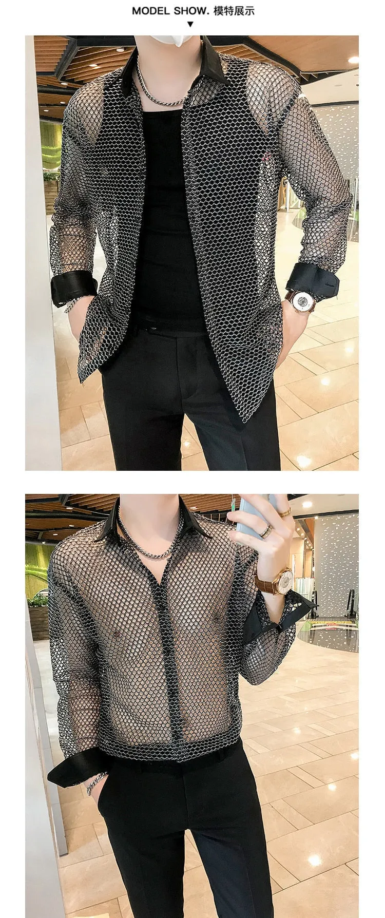 Men's Casual Style Hollowed Out Mesh Nightclub Long Sleeve Loose Shirt